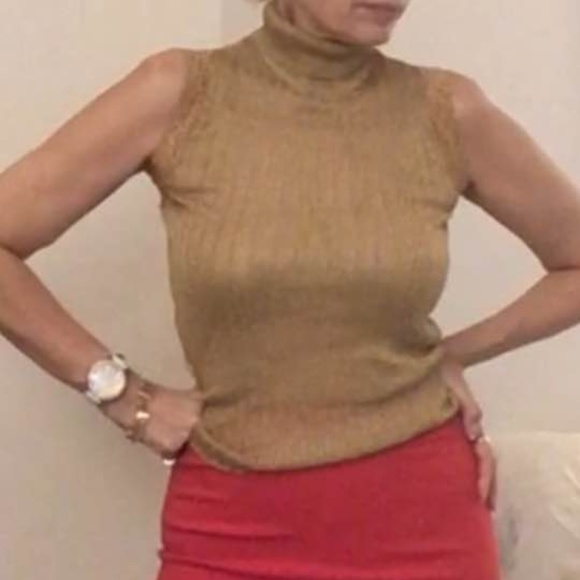 Gold lurex metallic knit mock high neck top - Picture 1 of 8